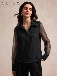 Camisa de mujer ALIAO moderna, elegante, sofisticada y versátil para el trabajo y el día a día. Textura de efecto de mezclilla con parches de malla de alta calidad, transpirable y de doble botonadura, adecuada para todas las estaciones. - Lavado ligero - Ver 11