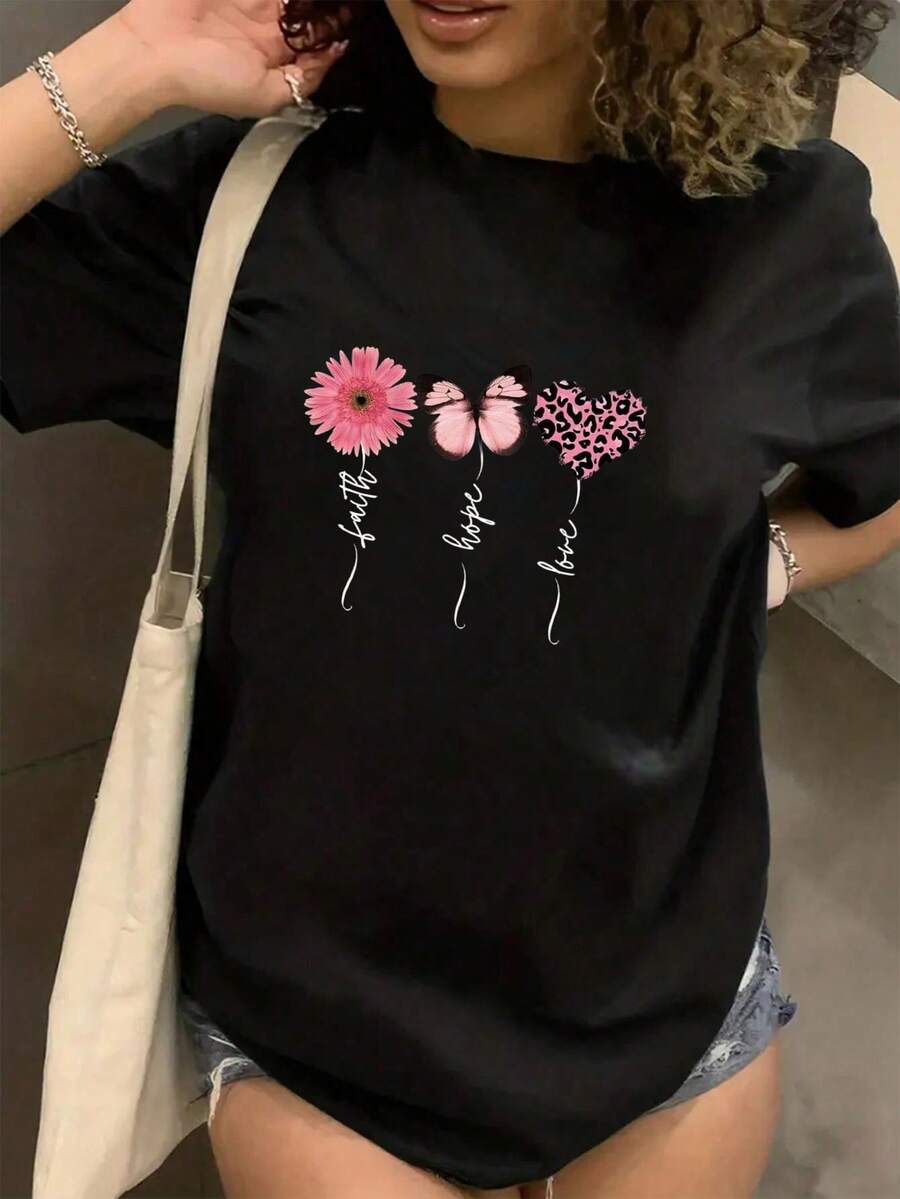 Camiseta de mujer 2026, cuello redondo, manga corta, estampada, corte holgado, estilo deportivo y casual, perfecta para verano, envío nacional. - Negro - Ver 1