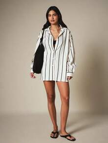 KSTM Camisa oversize de rayas con cuello clásico y mangas largas, prenda de playa de verano - Albaricoque - Ver 3