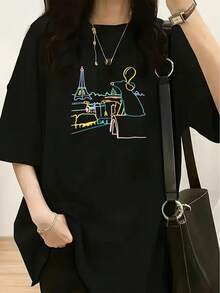 Camiseta de Verano Premium para Mujer con Estampado de Ratón Remy - Top Casual de Manga Corta con Cuello Redondo, Mezcla de Poliéster Suave, Corte Holgado, Imprescindible para la Moda de Primavera y Verano. - Negro - Ver 12