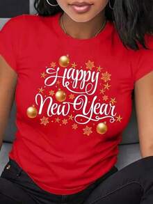 New 2026 Playera con estampado de Happy New Year, Año Nuevo, ajuste regular cuello redondo manga corta fiesta suave - Rojo - Ver 6