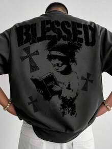 Manfinity Men's Casual T-Shirt With Cross And Letter Print, For Summer - 深灰色 2 - 查看 6