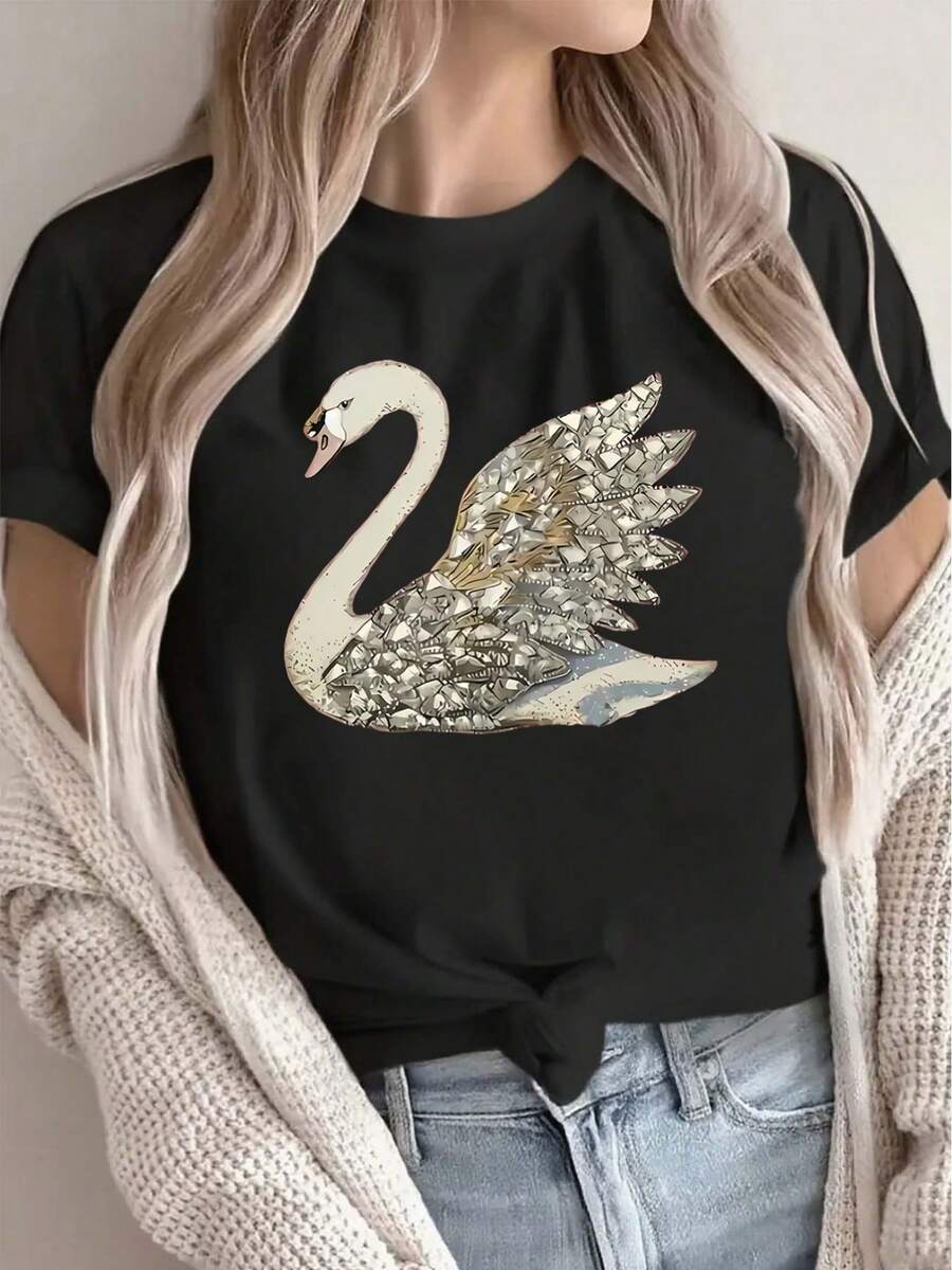 Women's T-Shirt: Elegant Round Neck T-Shirt With Swan Print, Lightweight And Comfortable For Casual Wear, Perfect For Daily Outings And Leisure Activities, With A Soft White Design And Shiny Details. - 黑色 - 查看 1