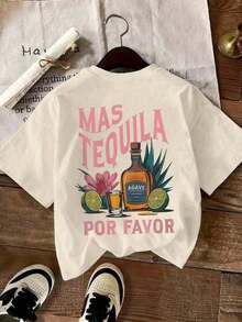 Camiseta casual de mujer con cuello redondo y estampado gráfico de copa de margarita, hoja de limón y letra, estilo Tequila Cocktail, suelta para primavera/verano, playeras de mujer - Blanco - Ver 1