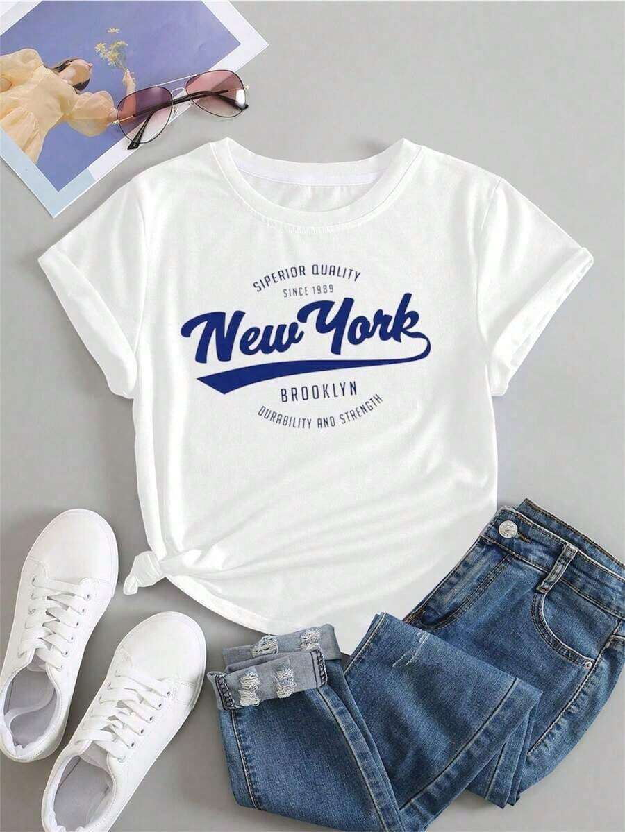 Dama mujer joven juvenil moda chopis playera cuello redondo manga corta gym suave primavera verano jardín casual viaje diseño New York Brooklyn - Blanco - Ver 1