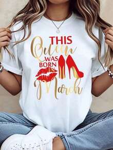 Camisetas Casuales para Mujer, Camiseta "Esta Reina Nació en Marzo", Regalo de Cumpleaños para Mujer Nacida en Marzo con Diseño de Tacones Rojos y Labios, Top Casual de Moda, Camiseta para Mujer, Estilo Y2K, Camisetas de Moda de Verano, Conjuntos y Tops Casuales de Streetwear - Blanco - Ver 6