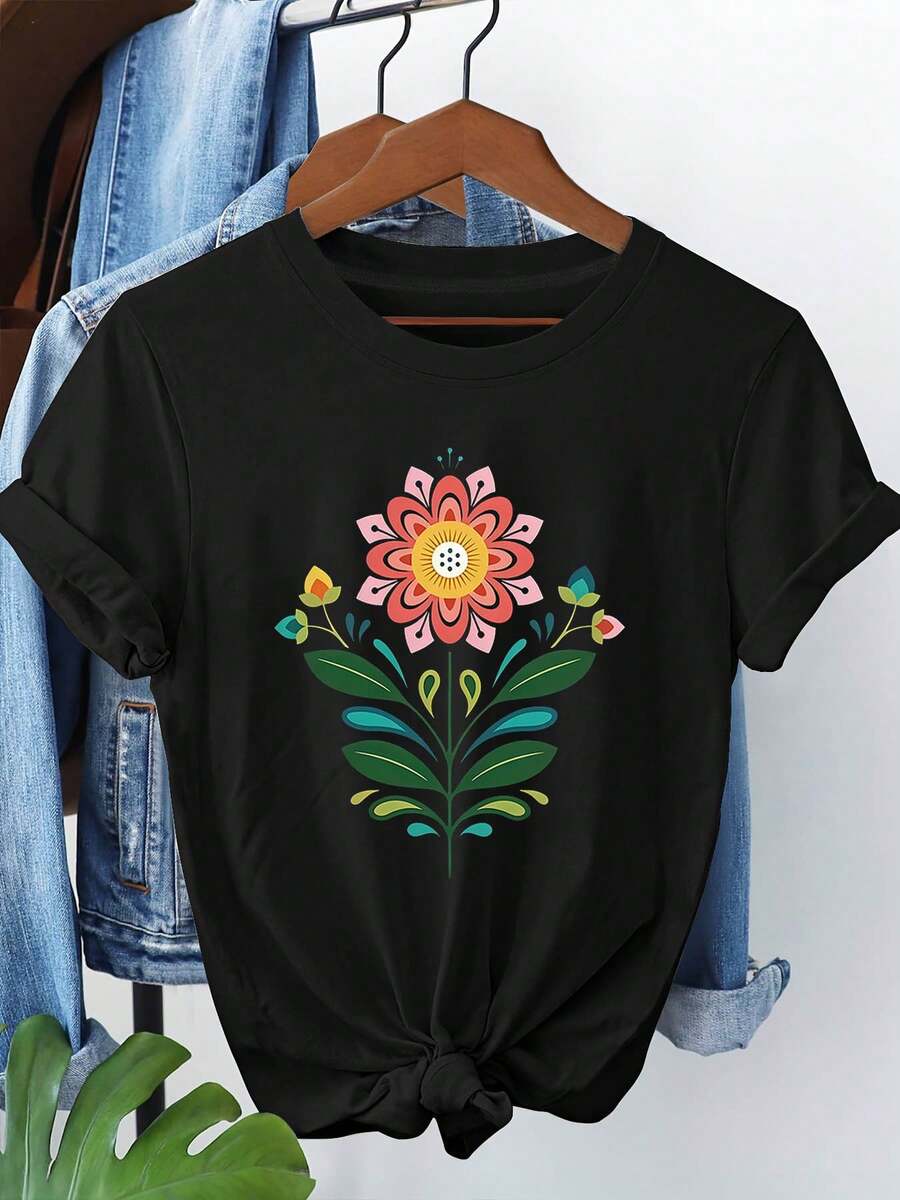 Camiseta de Mujer con Estampado Floral Folclórico Vintage, Top Artístico para Salidas de Primavera, Estilo Artístico Vintage, Cuello Redondo, Lavable a Máquina, Camiseta de Ambiente Natural, Tops para Mujer - Negro - Ver 1