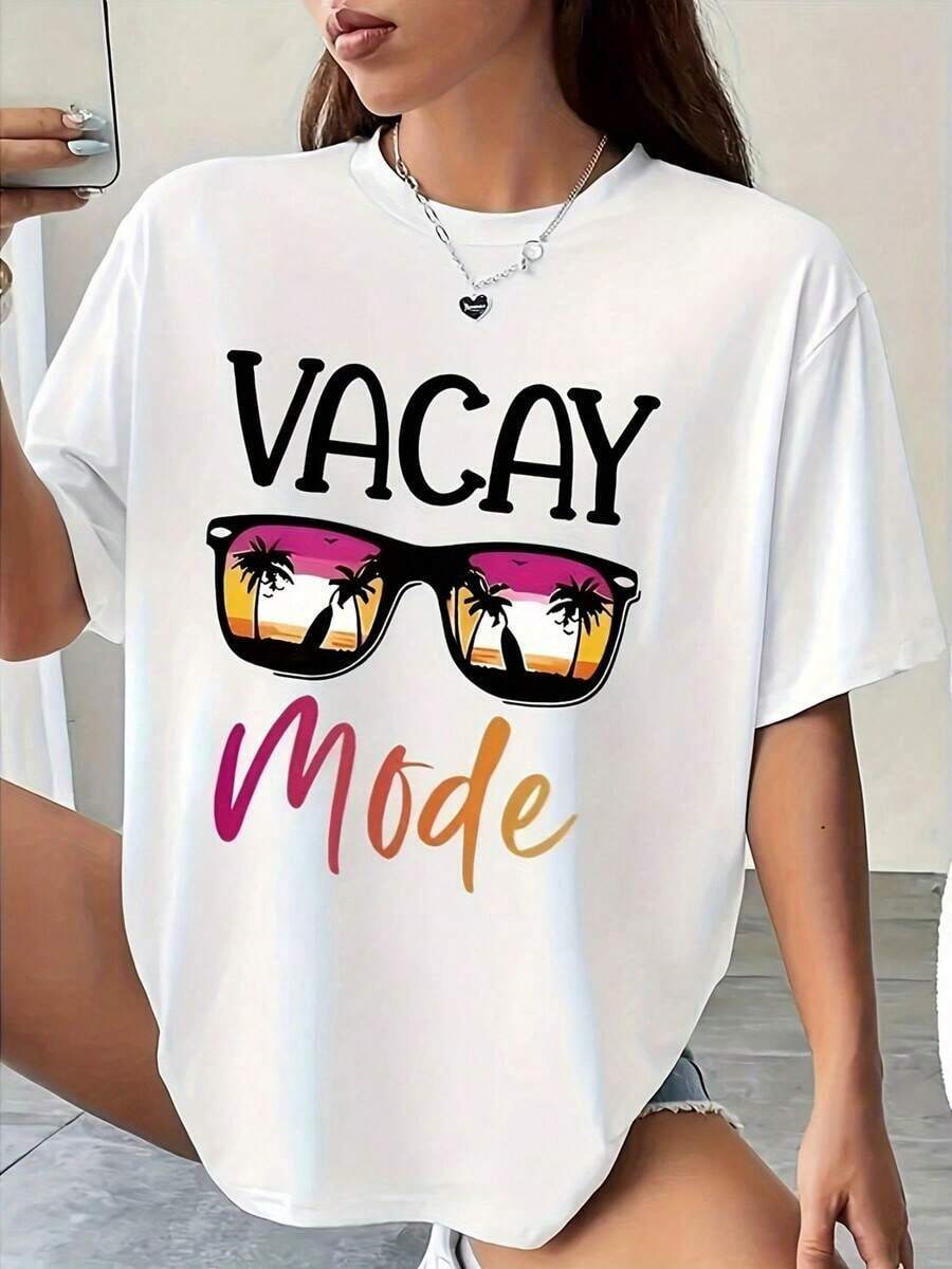 Camisetas Suaves y Transpirables de Talla Grande para Mujer, Corte Holgado, Estilo Casual, Camiseta con Estampado "Vacay Mode" - Blanca, de Manga Corta y Cuello Redondo, con Diseño de Gafas y Palmera, Top Casual de Verano y Primavera, Tejido de Poliéster, Ideal para Vacaciones.|   Impresión Divertida|   Cómodo y bien ajustado, adecuado para usar en vacaciones. Transpirable y confortable. - Blanco - Ver 1