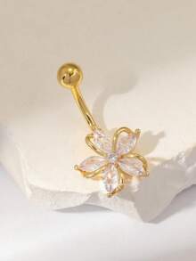 1pc Sparkling Flower Belly Button Ring, Suitable As A Gift For Women For Christmas, Valentine's Day, Birthday, Party Or Decoration - Gold 3 - View 2