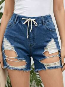 Shorts vaqueros para mujer de talle medio y elasticidad media, corte ajustado con recortes desgastados y cordón - Azul lavado oscuro - Ver 4