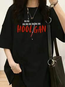 Camiseta HOOLIGAN con Estampado de Letras y Katana - Camiseta Casual de Manga Corta con Cuello Redondo para Mujer, ajuste suave, imprescindible para la moda de primavera y verano, blusas para mujer, blusas, blusas casuales para mujer, tops para mujer, tops, unisex. - Negro - Ver 6