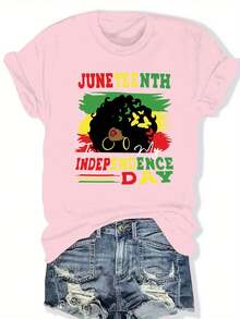 Camiseta Casual de Talla Grande para Mujer con Cuello Redondo y Estampado Gráfico Vibrante del Día de la Independencia de Juneteenth, Manga Corta, Corte Holgado, Poliéster, Ropa de Verano y Primavera, Ropa Casual| Top con Estampado Gráfico| Ajuste Cómodo, Camisetas para Damas - Rosa - Ver 1