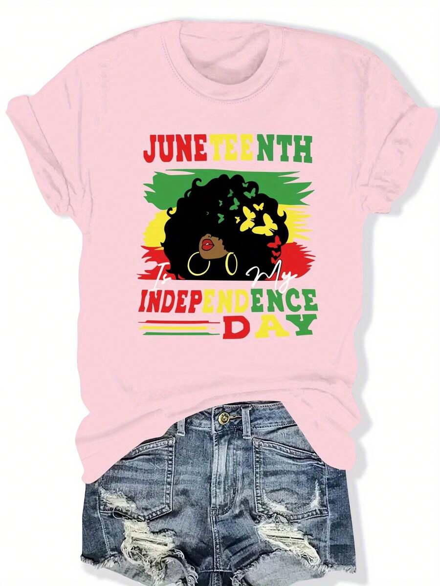 Camiseta Casual de Talla Grande para Mujer con Cuello Redondo y Estampado Gráfico Vibrante del Día de la Independencia de Juneteenth, Manga Corta, Corte Holgado, Poliéster, Ropa de Verano y Primavera, Ropa Casual| Top con Estampado Gráfico| Ajuste Cómodo, Camisetas para Damas - Rosa - Ver 1