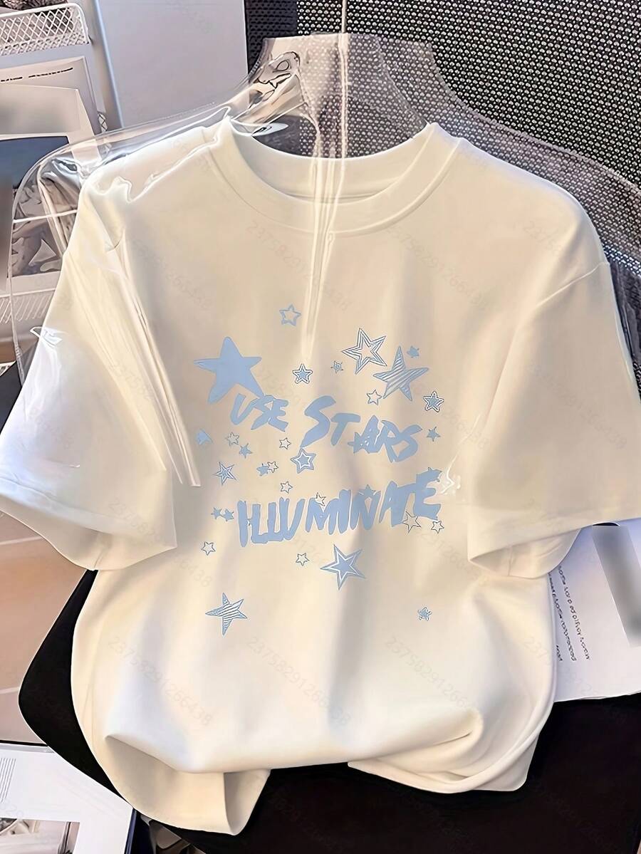 2025 Nueva Blusa Casual de Manga Corta para Mujer con Estampado de Estrella de Cinco Puntas, Moderna y Versátil para Verano - [Blanco] - Ver 1