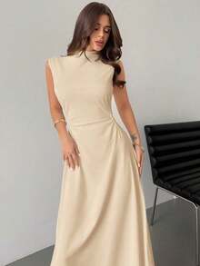 Vestido largo en línea A con cuello de pie, sin mangas y fruncido, color blanco, nuevo para el Día de San Valentín, elegante y romántico para citas y trabajo - Caqui - Ver 5