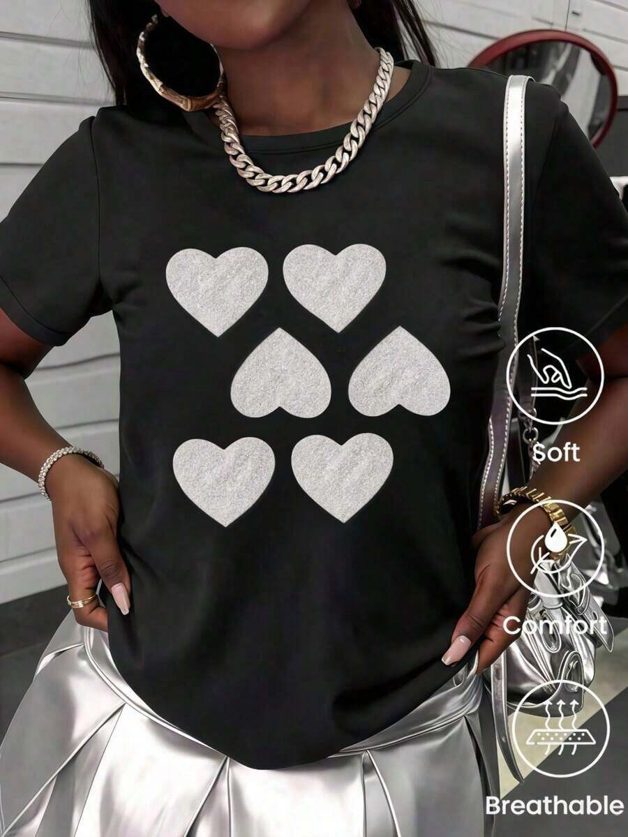 Camiseta de cuello redondo y mangas cortas de ropa fashion, fabricada en México, para la temporada primavera-verano 2025. Con estampado de dibujos animados, es un modelo de pareja, apta para usar tanto por dentro como por fuera, ideal para oficina y estilo casual, diseñada para hombres y mujeres, en unidad individual. - Negro - Ver 1