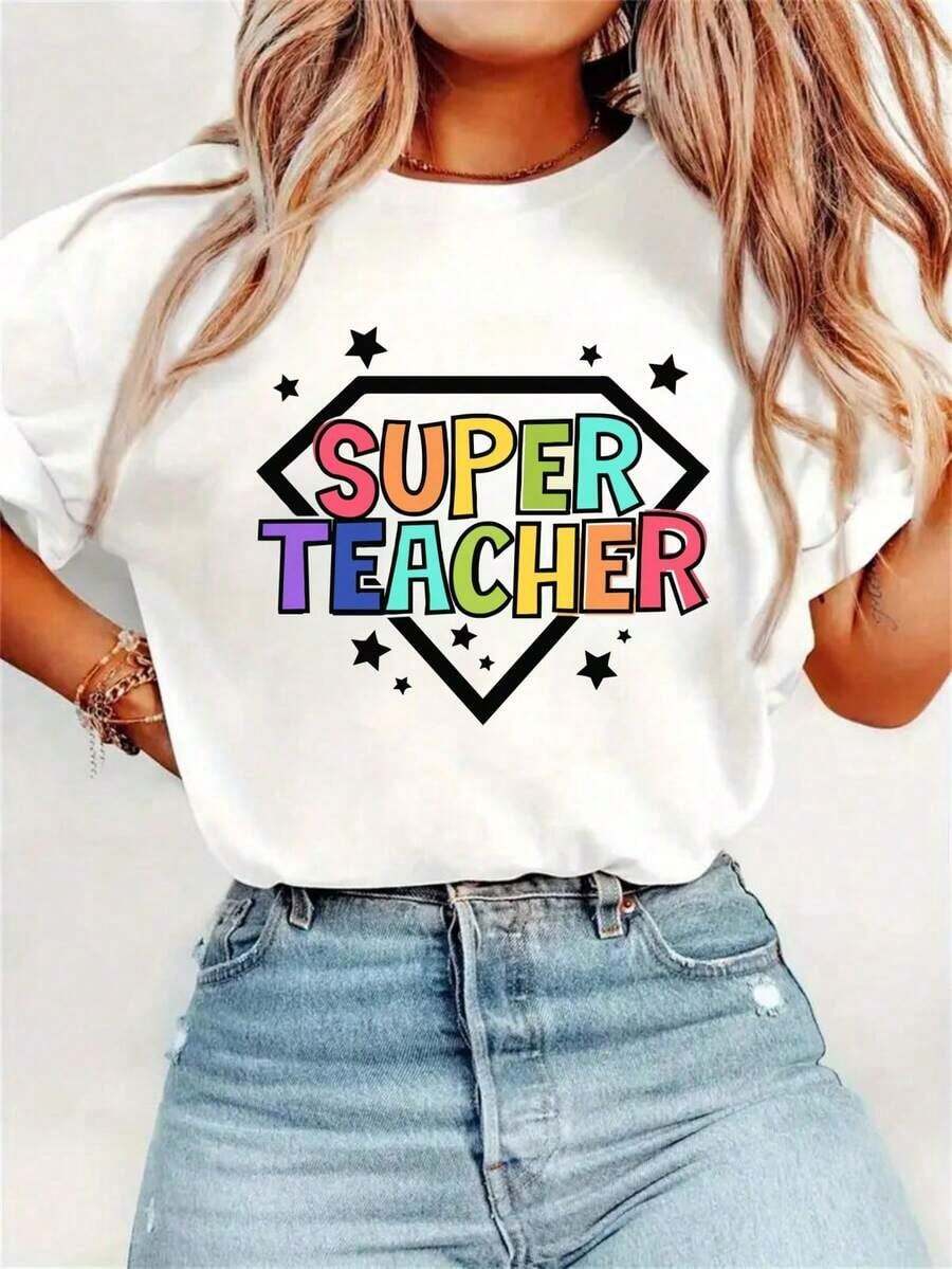 Under The Radar Women's SUPER TEACHER Graphic Print T-Shirt - Casual Short Sleeve Crew Neck Top, Geometric Star Design, Machine Washable, Comfortable For All Seasons, Educational Clothing, Stretch Fabric, Ideal For Outdoors And Everyday Wear - Vintage Street Style Unisex Loose Cotton Short Sleeve Crew Neck T-Shirt - 白色 - 查看 1