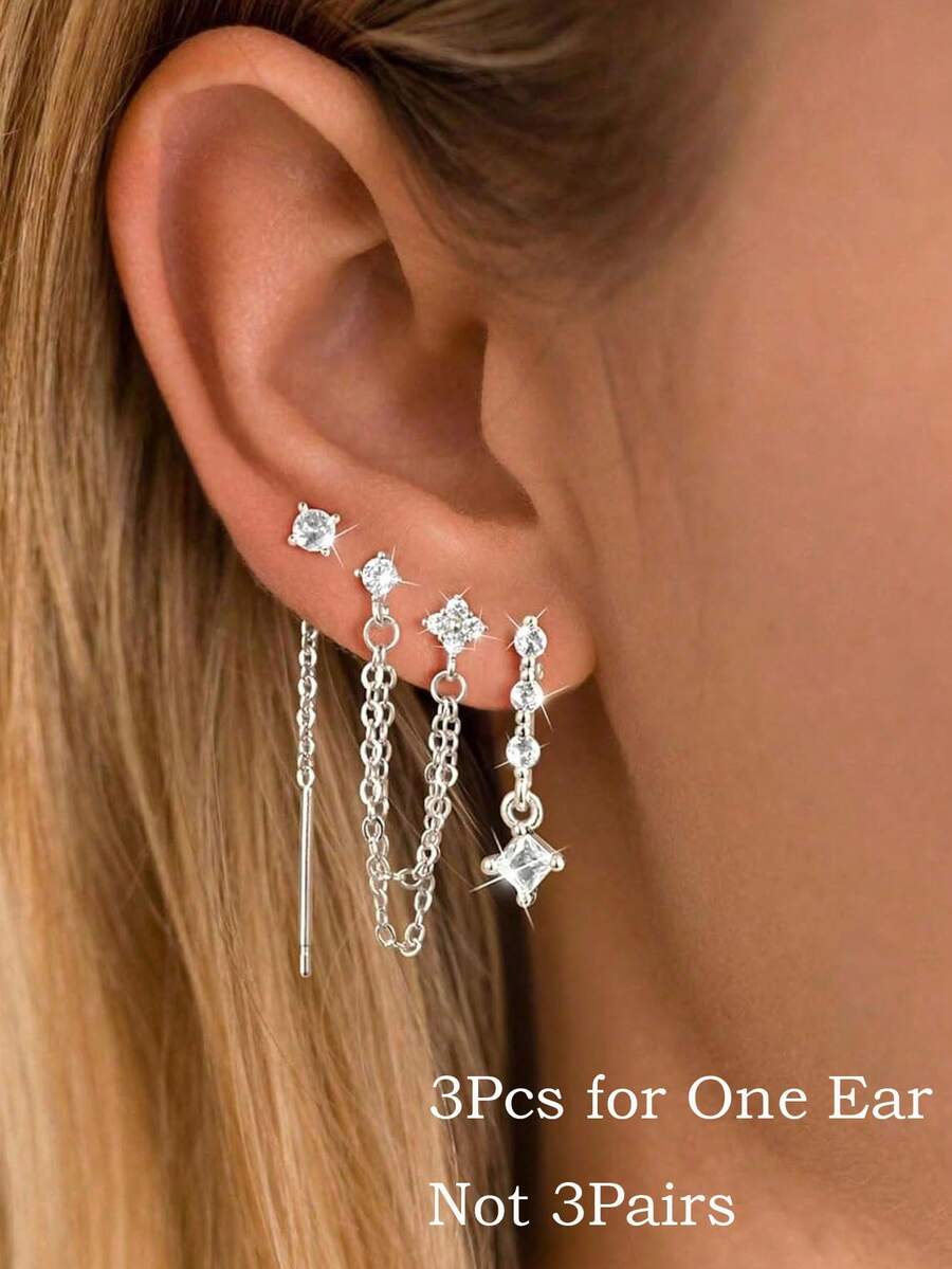 3pcs Set Exquisite Silver Chain Dangle Stackable Stud Earrings For Women, Inlaid With Square Cubic Zirconia, Hypoallergenic, Suitable For Women And Girls For Daily Wear, Parties, Holidays And Other Occasions - Silver-5# - View 1
