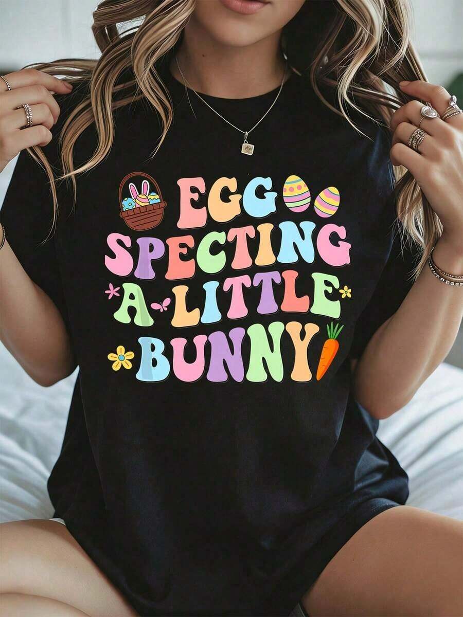 Elegante y casual para mujer, manga corta, camiseta de Pascua con estampado de conejito, blanca, top casual para mujer, primavera, verano, conjunto para anunciar el embarazo. - Negro - Ver 1
