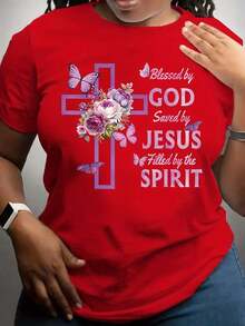 Camiseta casual de cuello redondo con estampado de letras, con la frase 'God Bless' y otros diseños, de corte holgado y talla grande. - Rojo - Ver 1