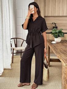 Conjunto de 2 piezas de camisa y pantalones de unicolor con cordón en la cintura, estilo casual de verano - Marrón - Ver 1