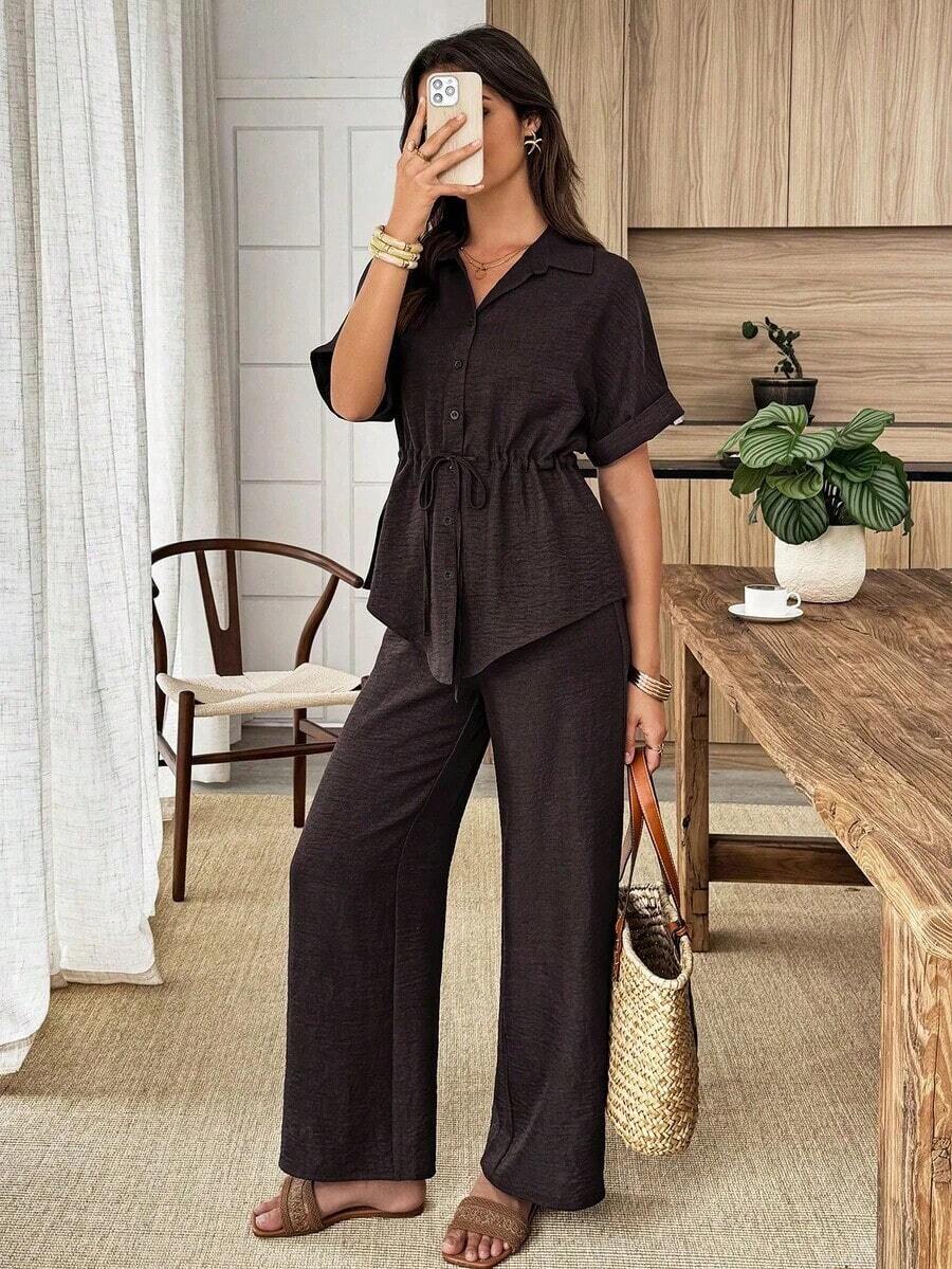 Conjunto de 2 piezas de camisa y pantalones de unicolor con cordón en la cintura, estilo casual de verano - Marrón - Ver 1