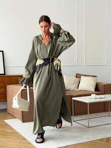 Vestido de lino estilo francés tierno 2026, cuello V, manga larga, cintura ajustada con lazos y abertura lateral, diseño elegante y delicado. - Verde - Ver 6
