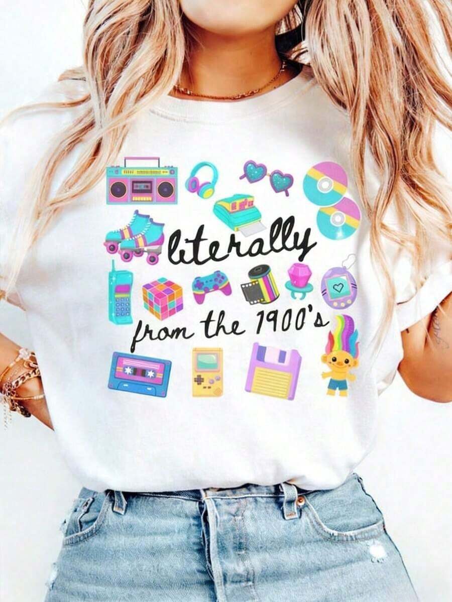 'Literally From The 20th Century' T-Shirt, Funny Retro 90s T-Shirt, Meme T-Shirts, Funny Gift For Mom, Retro 20th Century T-Shirt, 90s Girl T-Shirt, Unisex Graphic T-Shirts, Funny T-Shirt - 白色 - 查看 1