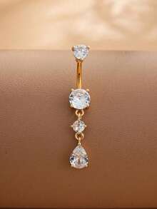 1pc Water Drop 3-Tier Zirconia Navel Piercing Jewelry, Sexy Body Piercing Accessory For Women - Gold 5 - View 1