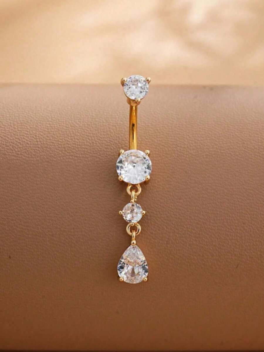 1pc Water Drop 3-Tier Zirconia Navel Piercing Jewelry, Sexy Body Piercing Accessory For Women - Gold 5 - View 1