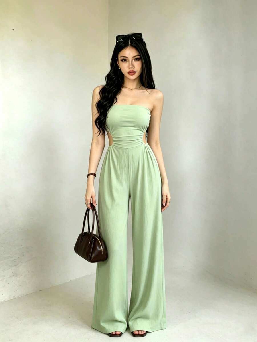 Mono largo con hombros descubiertos y espalda descubierta para mujer, para verano - Verde - Ver 1