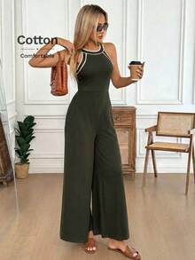 Mono de pierna ancha con contraste en el escote y la cintura, de tela de algodón cómoda, uso casual, relajado y elegante para la oficina/vacaciones para mujeres, primavera/verano - Gris - Ver 12