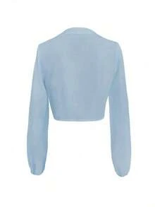 Blusa elegante y versátil con nudo delantero de unicolor para mujer, apta para uso casual diario, en el hogar, para ir al trabajo y en citas, primavera - Azul - Ver 5