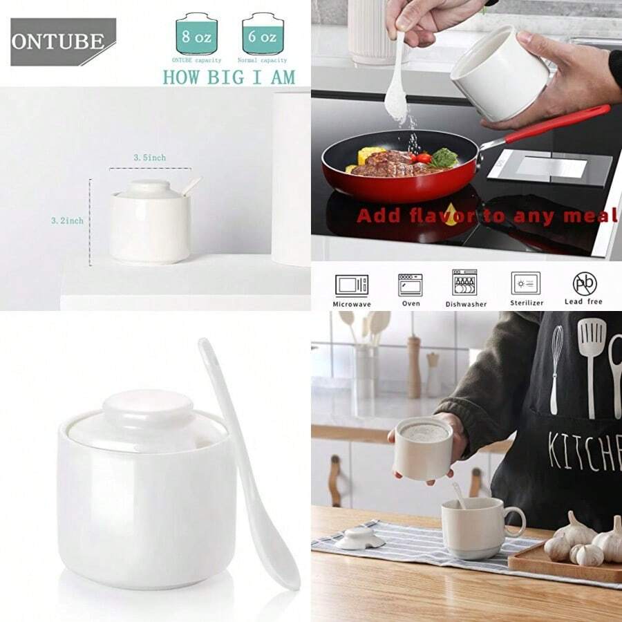 ONTUBE Azucarero de cerámica con tapa y cuchara caja de condimentos de porcelana cuenco de sal 8 oz - Blanco - Ver 1