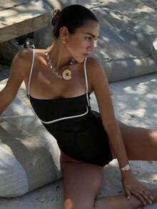 Nuevo mono azul marino sin tirantes, sólido, casual, sexy y elegante para mujer de, adecuado para la playa, vacaciones, fiestas y citas - Blanco y Negro - Ver 7