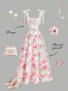 MOD Vestido largo con estampado floral y tirantes con lazo para mujer, ideal para primavera, graduación, vestidos modestos para mujer, vestidos para vacaciones de primavera - Rosa 2 - Ver 3