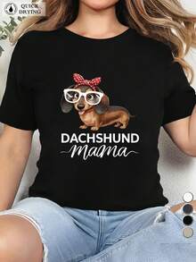 Camiseta Casual de Manga Corta Deportiva para Mujer Talla Grande DACHSHUND Mama 150g - Negro - Ver 1