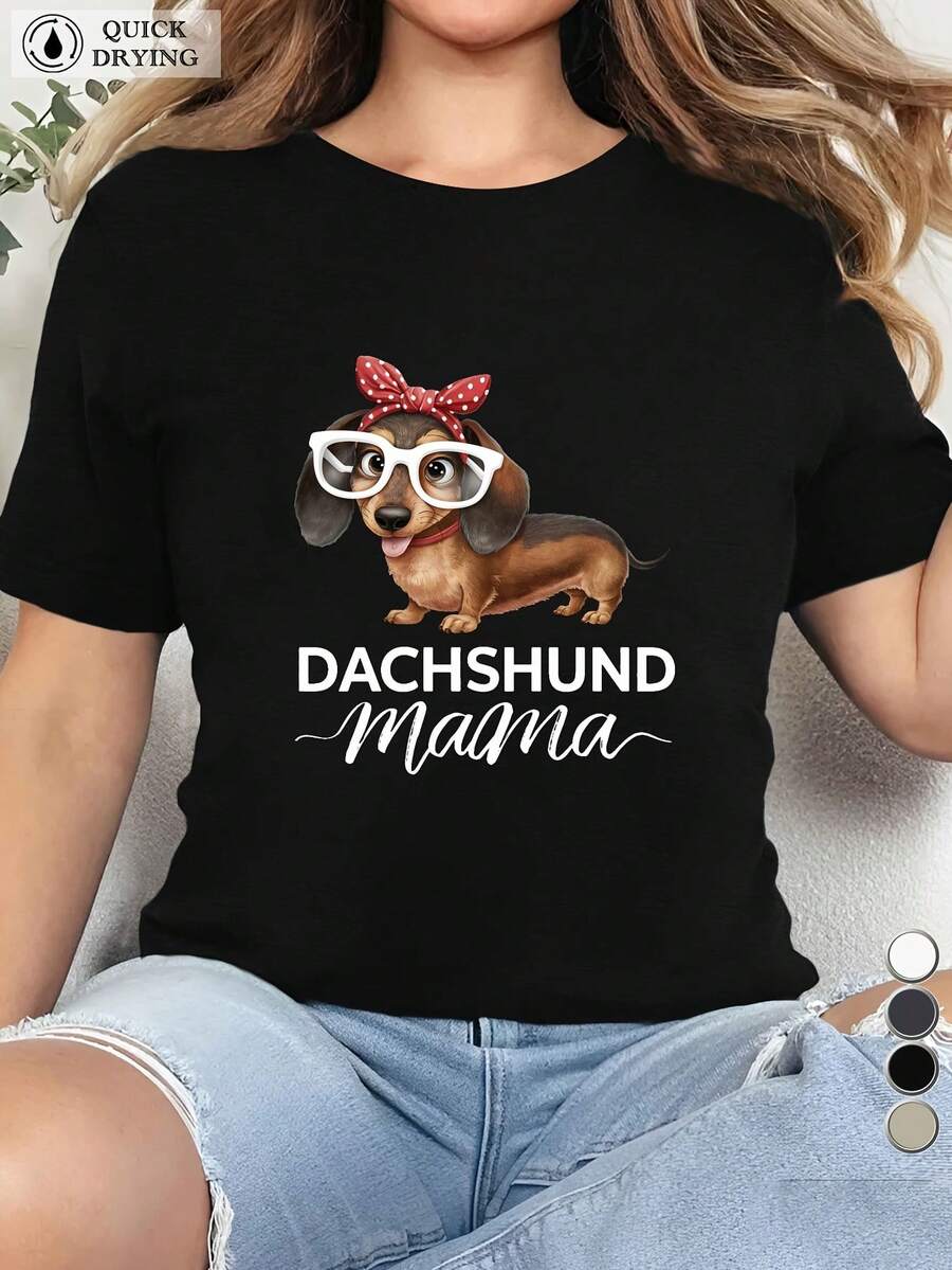 Camiseta Casual de Manga Corta Deportiva para Mujer Talla Grande DACHSHUND Mama 150g - Negro - Ver 1