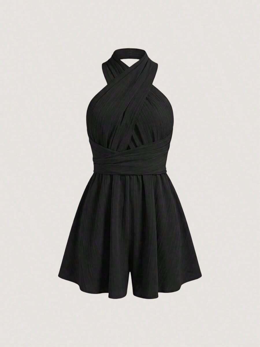 Enterizo Sin Espalda Con Cintura Alta De Color Sólido - Negro - Ver 1