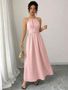 YHHElenzga Vestido largo de verano con estampado floral asimétrico, cuello halter, hombros descubiertos, diseño fruncido y retorcido, y bloqueo de coloresYHH - Rosa Pálido - Ver 3