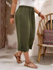 Pantalones capri informales de talla grande de un solo color - Verde militar - Ver 3