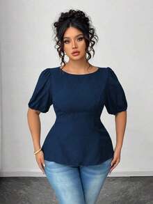 Blusa casual de manga corta con lazo y espalda abierta, unicolor, para mujer talla grande, verano - Azul marino - Ver 4