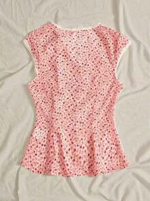 Camiseta de manga corta con botones y estampado de lunares con encaje de contraste para mujer - Rosa Pálido - Ver 2