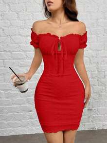 Vestido ajustado tejido en verde-gris con hombros descubiertos plisados - Rojo - Ver 7