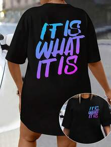 Camiseta de estampado gráfico para tallas grandes, top casual de manga corta y cuello redondo para verano y primavera, ropa para mujeres de talla grande. - Negro - Ver 8