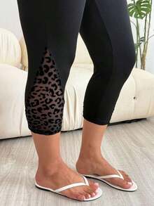 Leggings de cintura ancha de malla en contraste - Negro - Ver 4