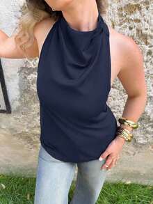 Blusa negra ajustada de estilo casual y elegante para la temporada de primavera/verano, con cuello asimétrico, sin mangas, escote halter, espalda descubierta y decoración de lazo - Azul marino - Ver 3