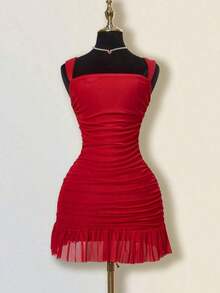 Vestido de mujer de corte ajustado sin mangas de unicolor con fruncido de tul - Rojo - Ver 3