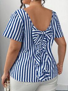 Blusa de verano de moda informal de vacaciones con espalda descubierta, lazo, volantes y rayas, blusa a rayas, blusa con lazo en la espalda, blusas a rayas, blusas con lazo, blusas para mujer de verano - Azul y blanco - Ver 7