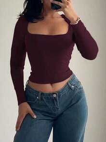 Camiseta ajustada de manga larga con cuello cuadrado para mujer, primavera/verano Y2K, unicolor, sexy, adecuada para el Día de San Valentín y uso casual - Morado - Ver 9